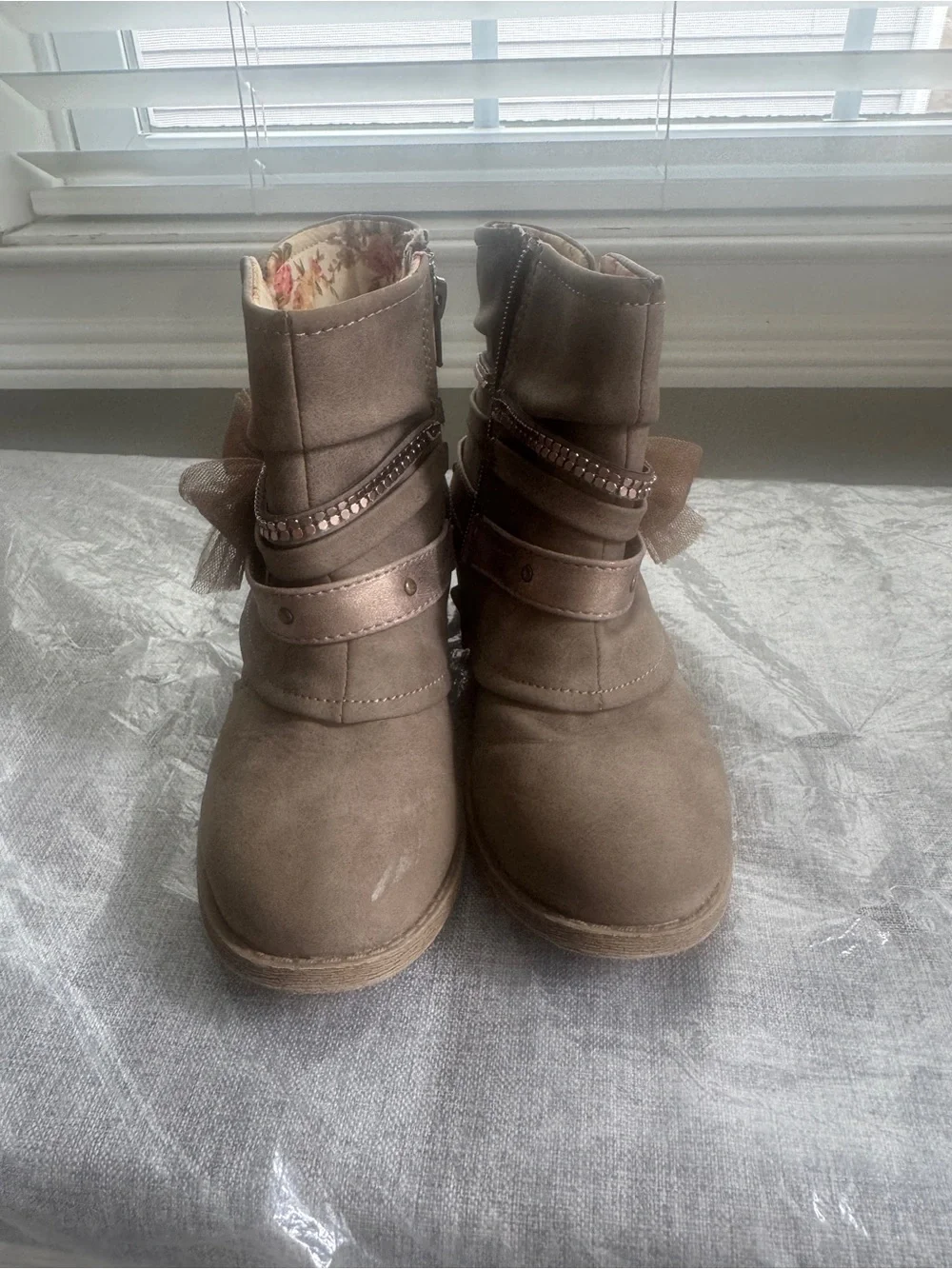 Kids Brown Suede Ankle Boots with Floral Lining